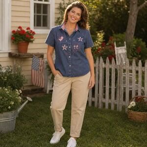 VTG 90s Basic Editions Denim Shirt 1X Patriotic Embroidered Flag Stars Bow 24PTP